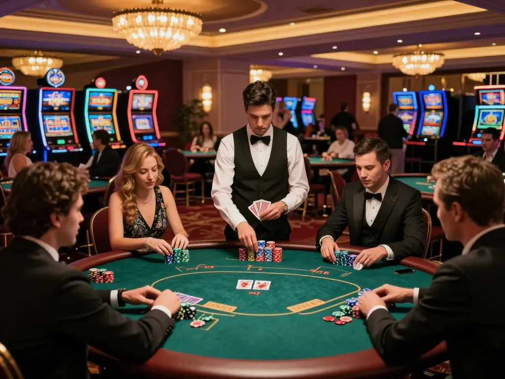 Players engaging in dynamic gameplay at a trang casino with warm lighting and elegant decor