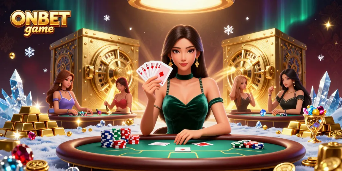 Experience ONBET game with a beautiful Asian woman at a luxury poker table amidst treasure and glamour.