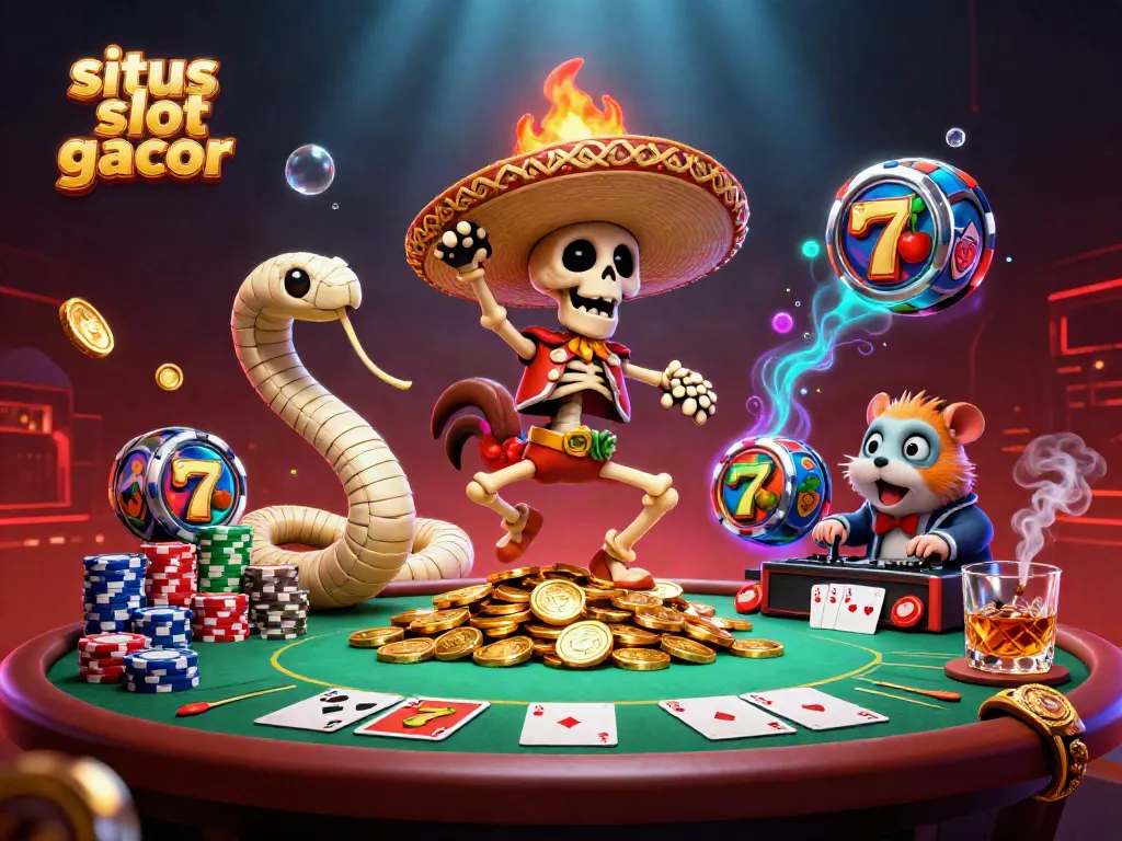 Slot gacor dengan karakter lucu merayakan kemenangan di tengah tumpukan koin emas.