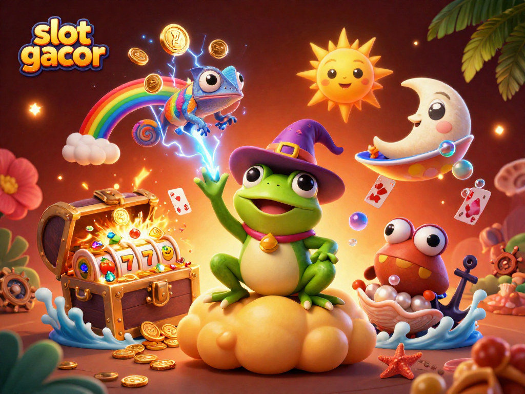 Experience slot gacor action with a frog wizard and chameleon surfing on golden coins.