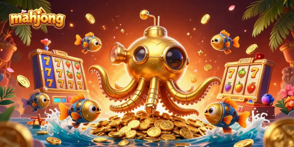 Menggali mahjong dengan ilustrasi 3D kraken emas mengelilingi koin, simbol slot, dan elemen kasino.