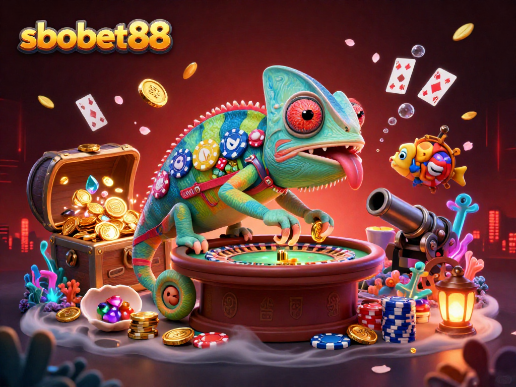 Engage with sbobet88's vibrant gaming world through a dynamic 3D casino illustration featuring a colorful chameleon in action.