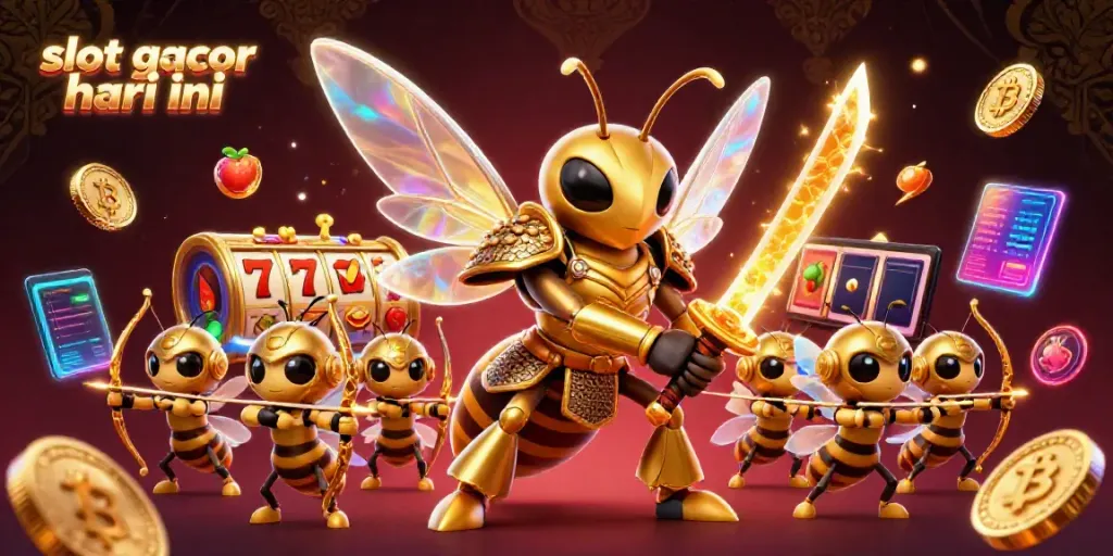 Engage with the vibrant scene of "slot gacor hari ini" featuring a hornet warrior and crypto elements.