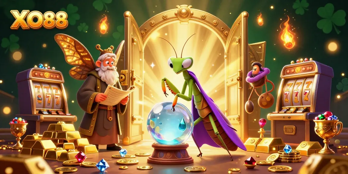 Win big at XO88 with this vibrant, dynamic 3D illustration of fortune-telling characters and slot games.