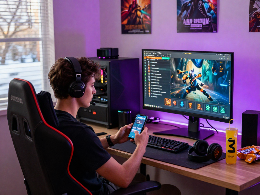 Engaged gamer using FairPlay app in a colorful gaming room with LED lights and competitive atmosphere.