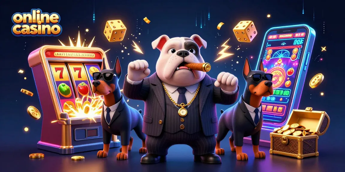 Experience the thrill of an online casino with cartoon mafia characters and vibrant game elements.