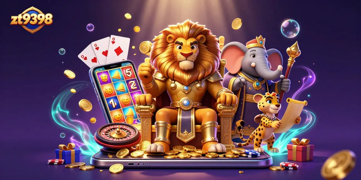 Engage with the vibrant zt9398 online casino experience featuring a cartoon lion king, casino elements, and thrilling prizes.