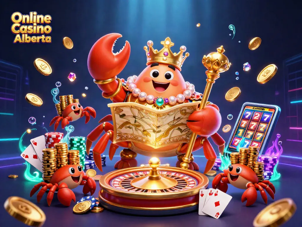 Experience thrilling gaming action with Online Casino Alberta's iconic golden crab emperor illustration.