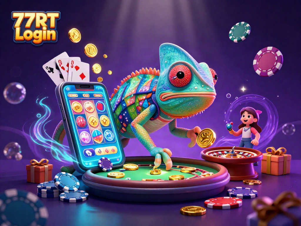 Engage with 77RT Login featuring a vibrant chameleon casino owner amidst dynamic gaming elements.
