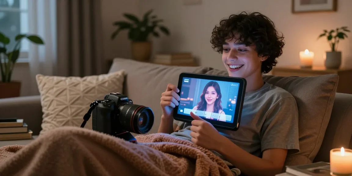 Engaging ai sex chat scene with user interacting with AI character in a cozy private room setting.