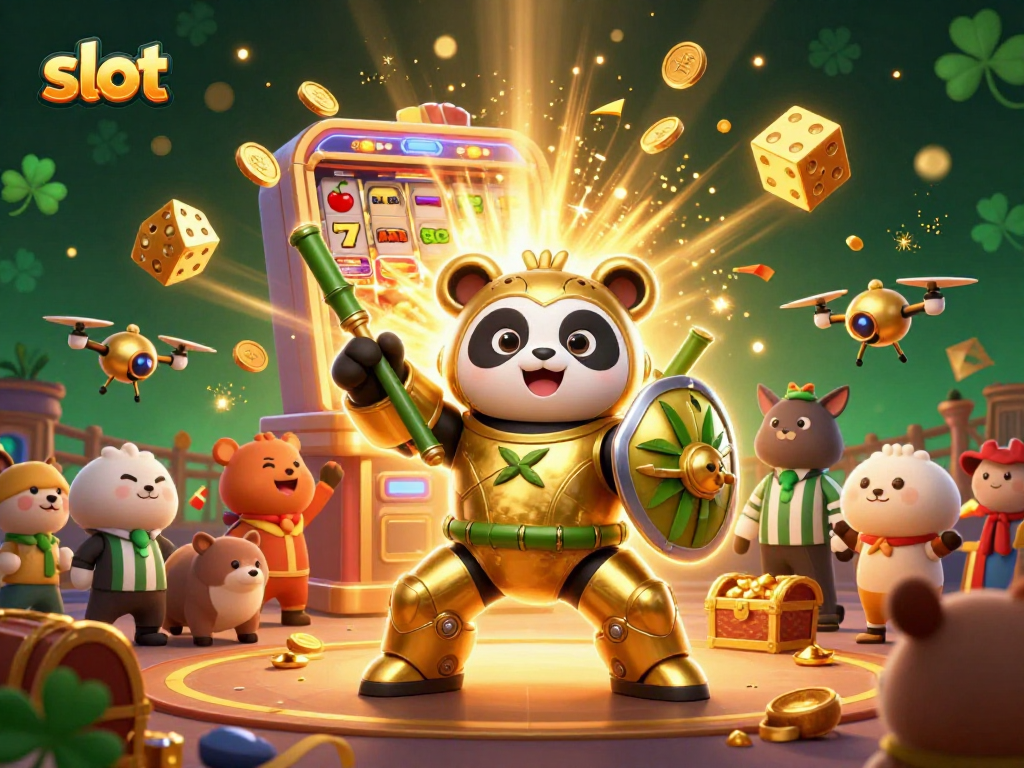 Experience thrilling slot gameplay with a dynamic 3D illustration depicting vibrant casino elements.