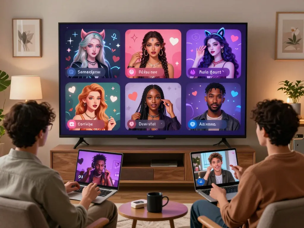 Users engaging in ai sex chat with diverse avatars, showcasing personalized interactions in a cozy digital environment.