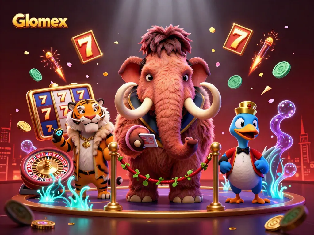 Win big with Glomex at a vibrant casino with dynamic characters and colorful game elements.