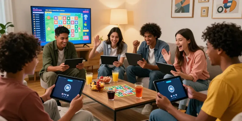 Bingo 101 app in action with friends enjoying a lively gaming session in a cozy living room.