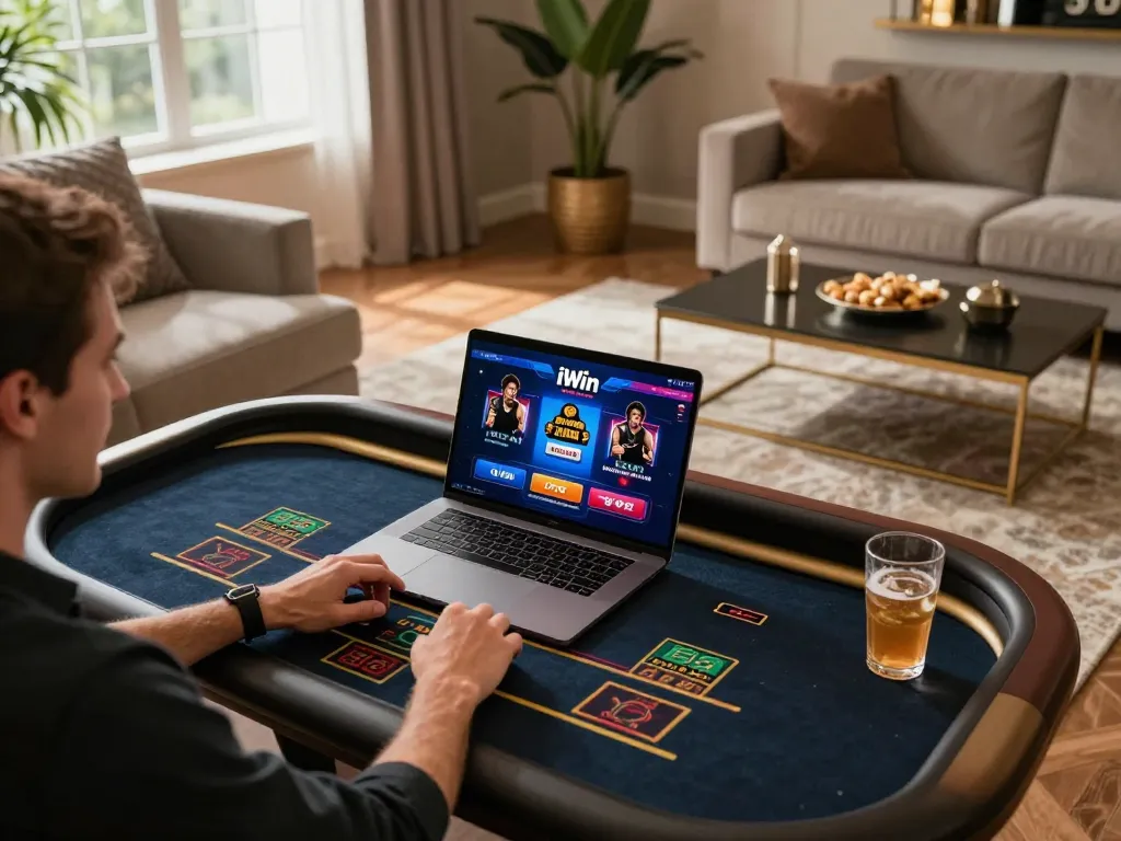 iWin player engaged in live-dealer game at stylish home gaming setup