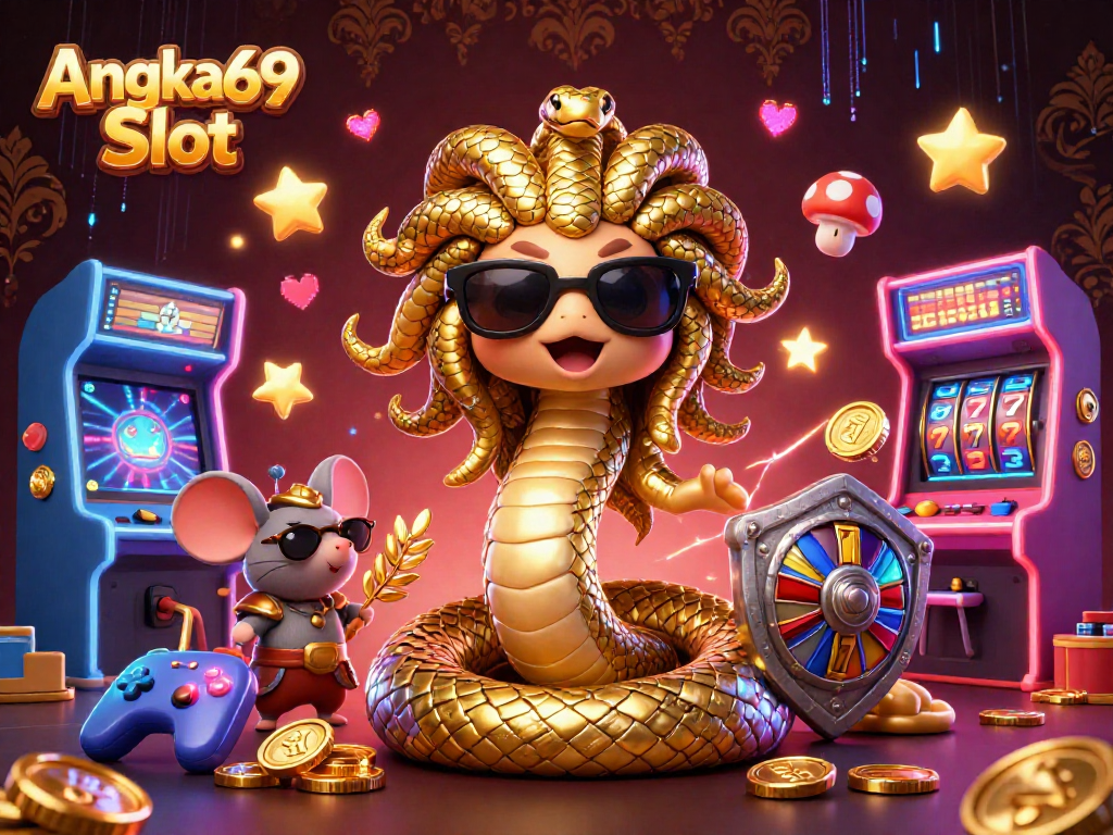 Play Angka69 Slot with Medusa and a warrior mouse in a vibrant casino scene.