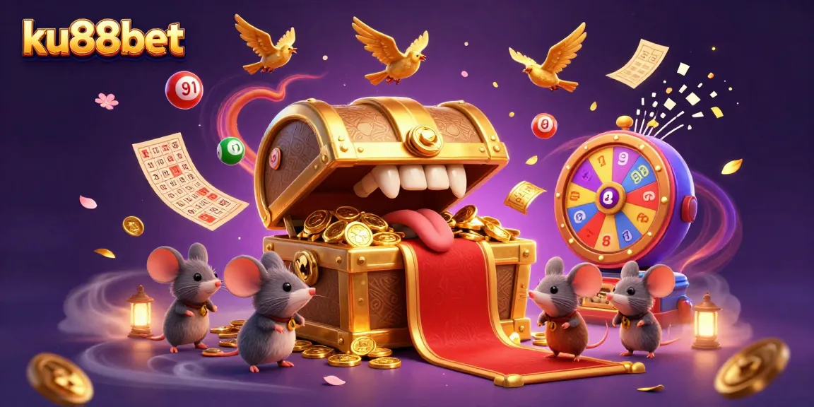 Engage with ku88bet in a vibrant 3D scene filled with lottery elements and captivating treasures.