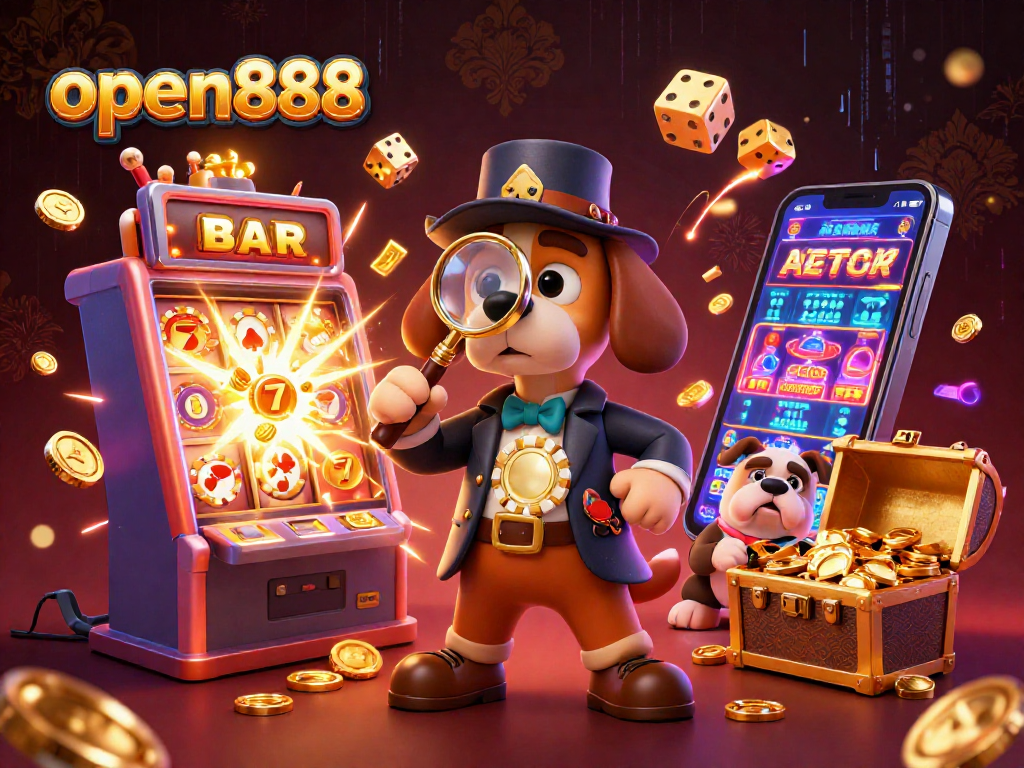Experience the thrill of open888 as the detective investigates a golden poker chip amidst slot machine explosions.