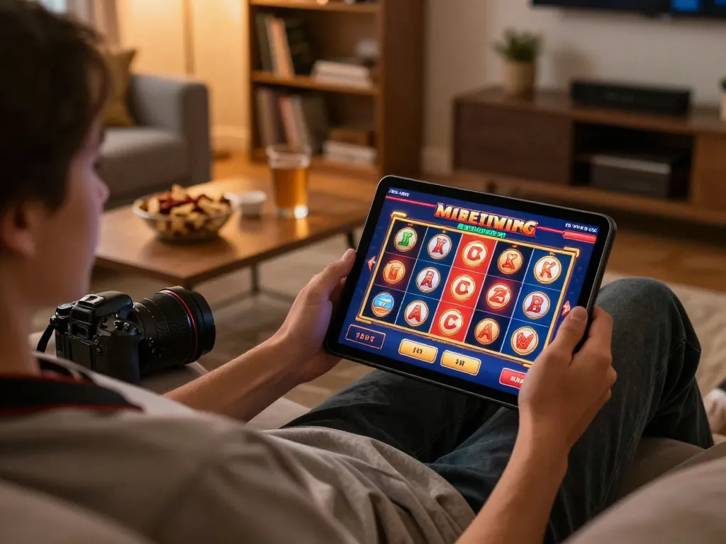 uu88 player engaging in an online slot game on a tablet in a cozy home setting