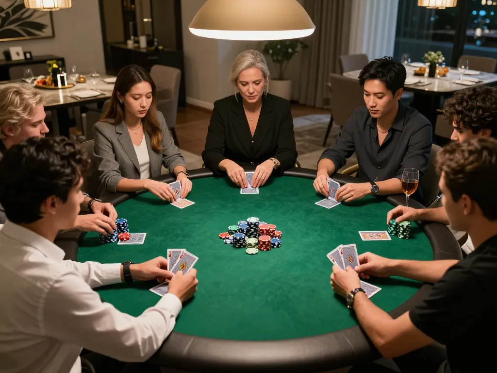 Friends at a poker game with 789club chips, enjoying a strategic night of gaming and camaraderie