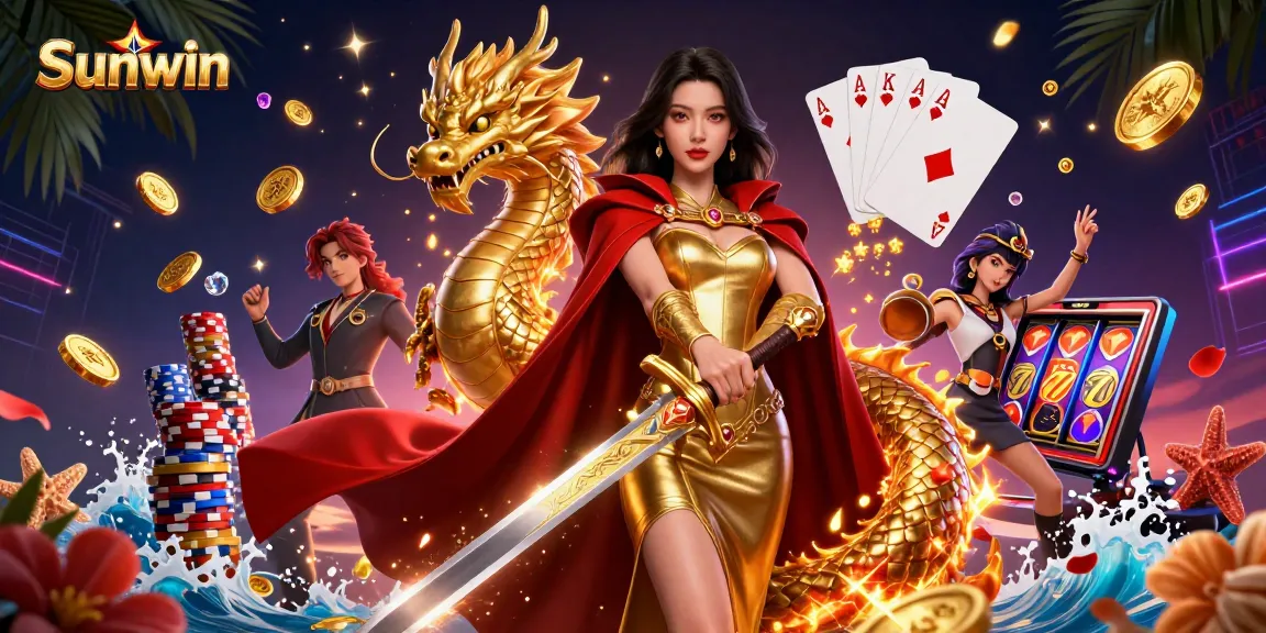 Experience exciting gameplay with Sunwin, showcasing vibrant casino elements and a warrior queen.
