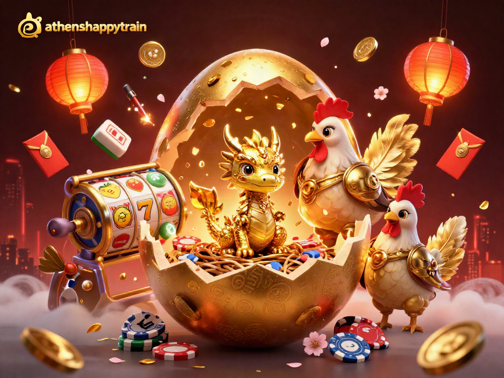 Athenshappytrain showcases a majestic golden baby dragon with poker chips, vibrant slot reels, and festive decorations.