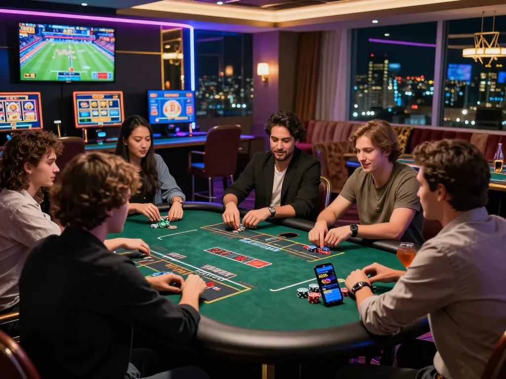 Friends enjoying an engaging betting session at SC88 gaming table, showcasing a vibrant online gambling atmosphere.