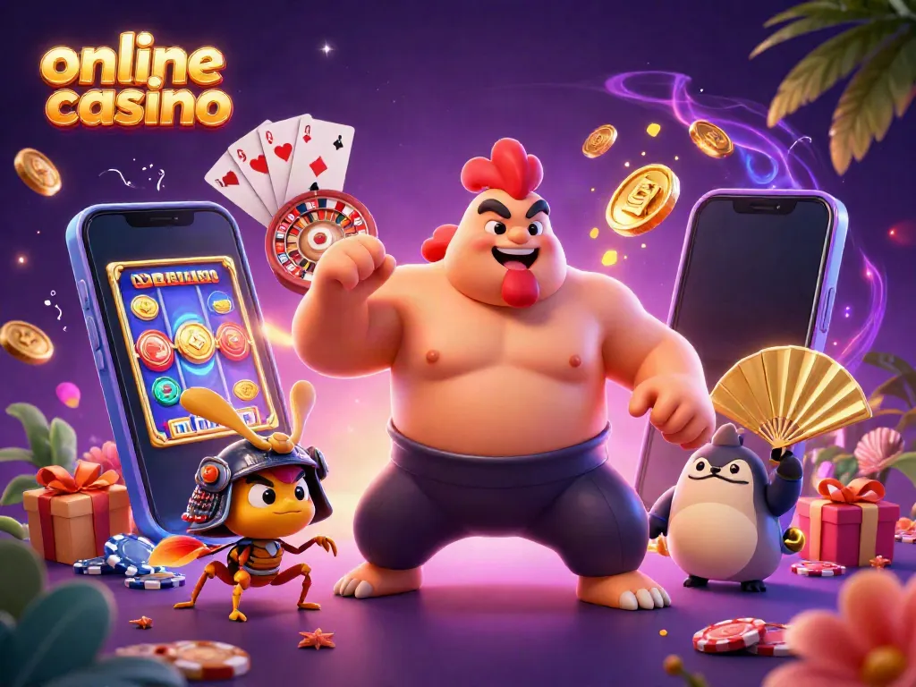 Engaging illustration of online casino scene with a powerful sumo rooster, samurai cricket, and tanuki announcer.