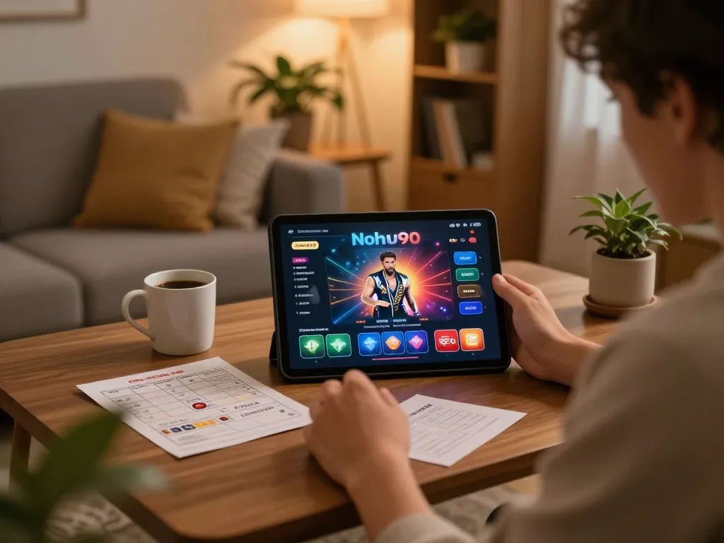 Nohu90 online gambling scene in a cozy home setting with a player engaged in tablet gaming.