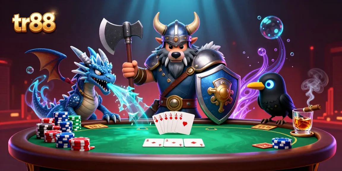 Engage with TR88 as the Viking wolf warrior and dragon charm the poker table in this vibrant scene.