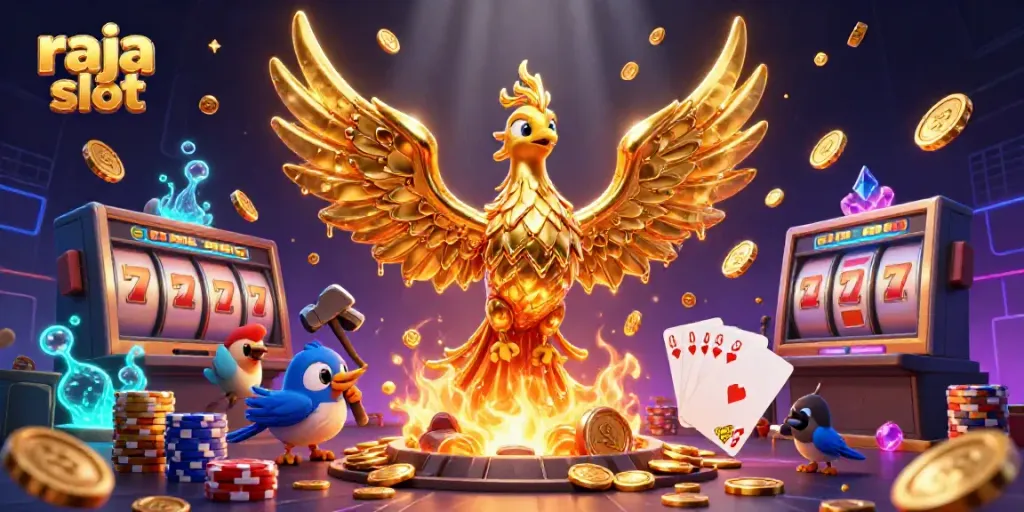 Menang besar dengan raja slot, ilustrasi 3D kasino penuh detail, menampilkan simbol keberuntungan.