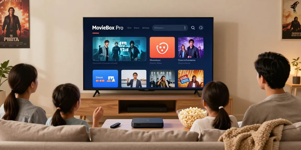 Family enjoying a movie on the MovieBox Pro app official website on a cozy sofa.