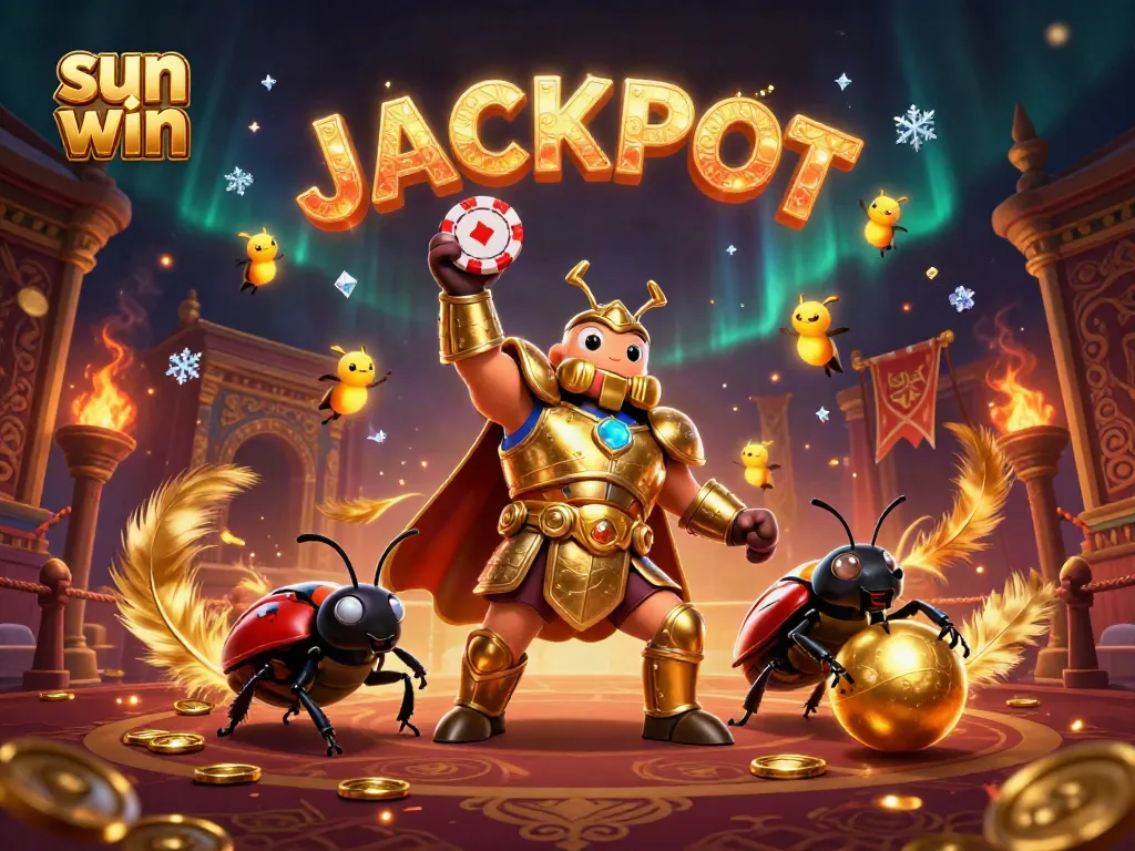 Experience the thrill of sun win with a dynamic 3D scene featuring winning characters and gaming symbols.