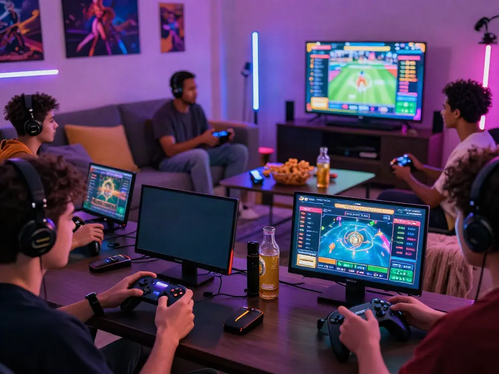 Exciting SLOT GACOR gaming scene with players enjoying vibrant game graphics and a cozy setting.