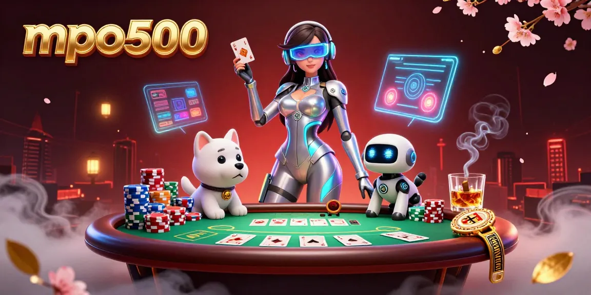 Engage in thrilling gameplay with mpo500, featuring a futuristic casino scene and vibrant poker elements.