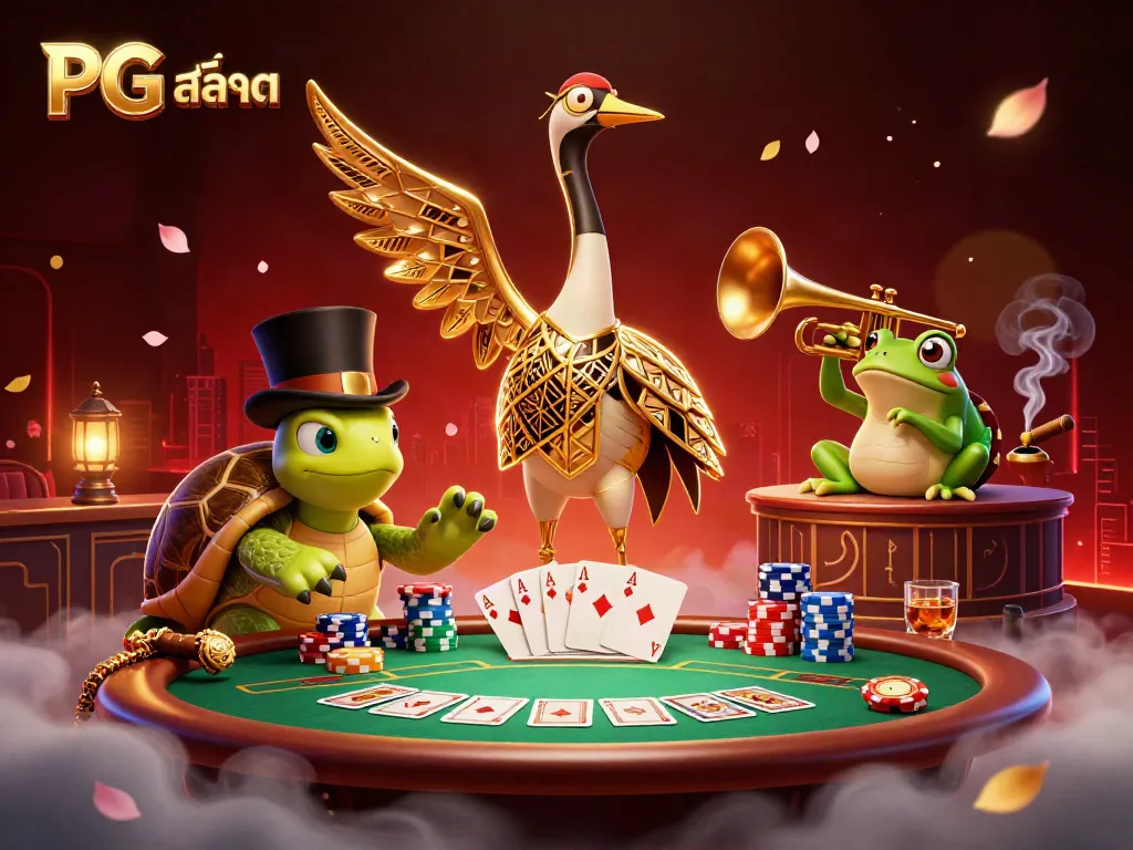 Experience PG สล็อต action in a vibrant 3D scene featuring colorful poker elements and engaging characters.