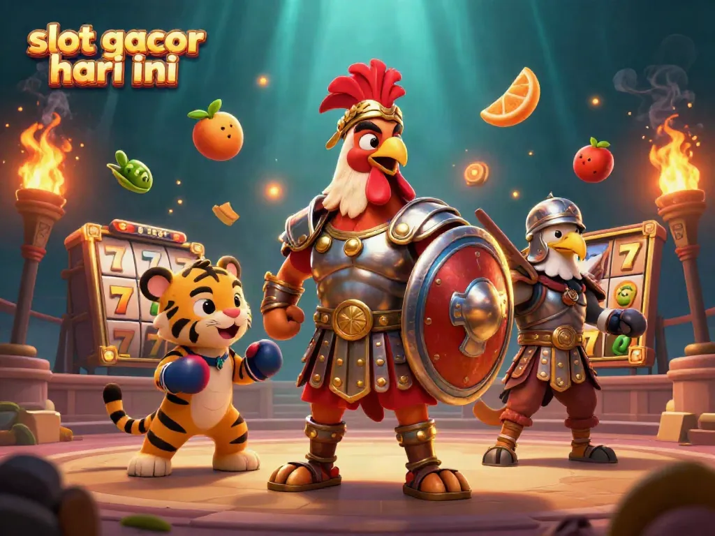 Slot gacor hari ini dengan ayam jantan dalam pertempuran di arena kasino, menunjukkan elemen slot dan jackpot.