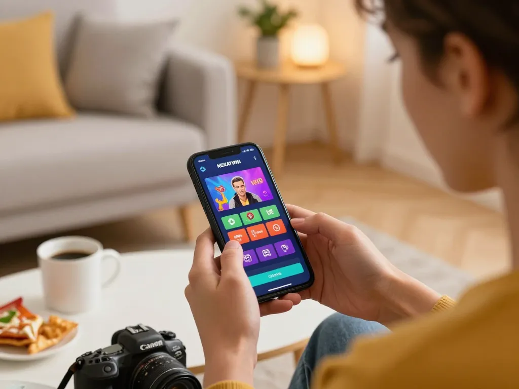 Engaging moment of mobile gaming with nekatwin daftar app on a smartphone, showcasing user excitement in comfortable home setting.