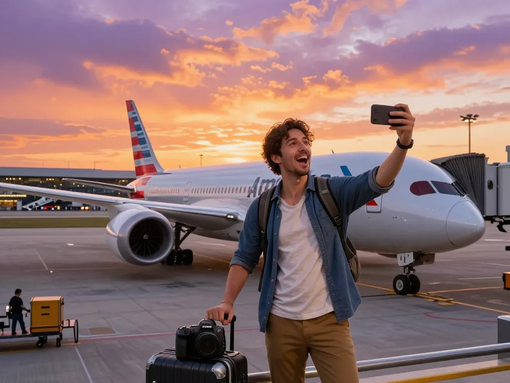 Traveler standing beside American Airlines 789P aircraft at sunset, capturing travel excitement.