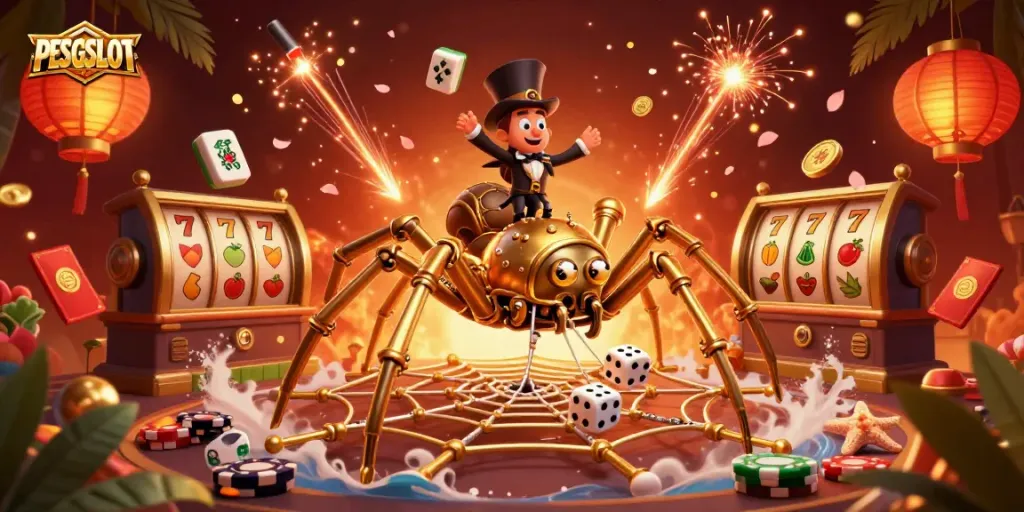 PESGSLOT menampilkan ilustrasi 3D menakjubkan dari karakter kasino berbasis steampunk dengan fitur slot dan simbol keberuntungan.