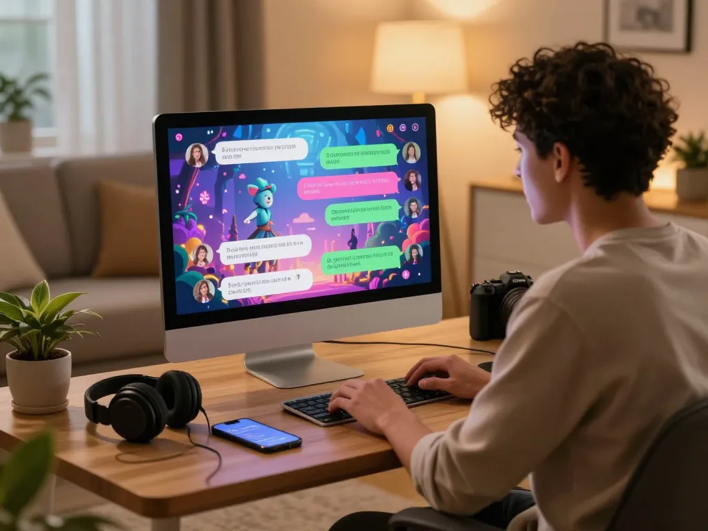 Engaging in ai sex chat on a modern computer setup, showcasing vibrant conversations and intimate virtual backgrounds.