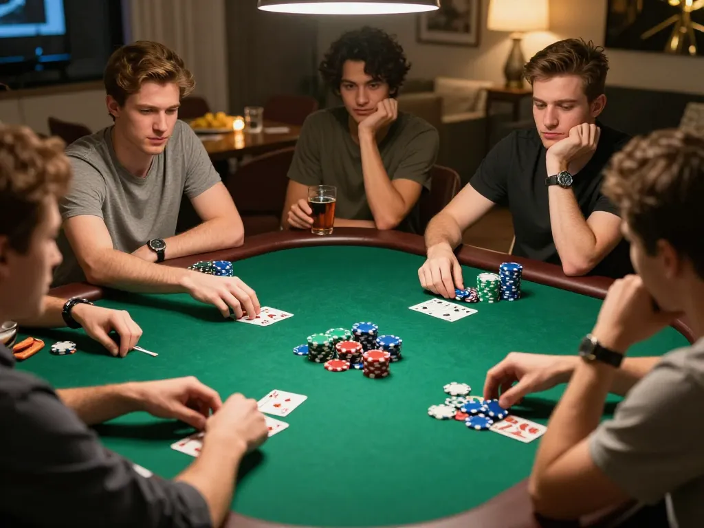 F8bet players strategizing during an exciting poker game at home.