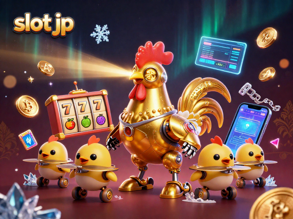Engage with slot jp and witness a dynamic scene featuring a golden rooster robot and baby chick drones in an exciting casino atmosphere.
