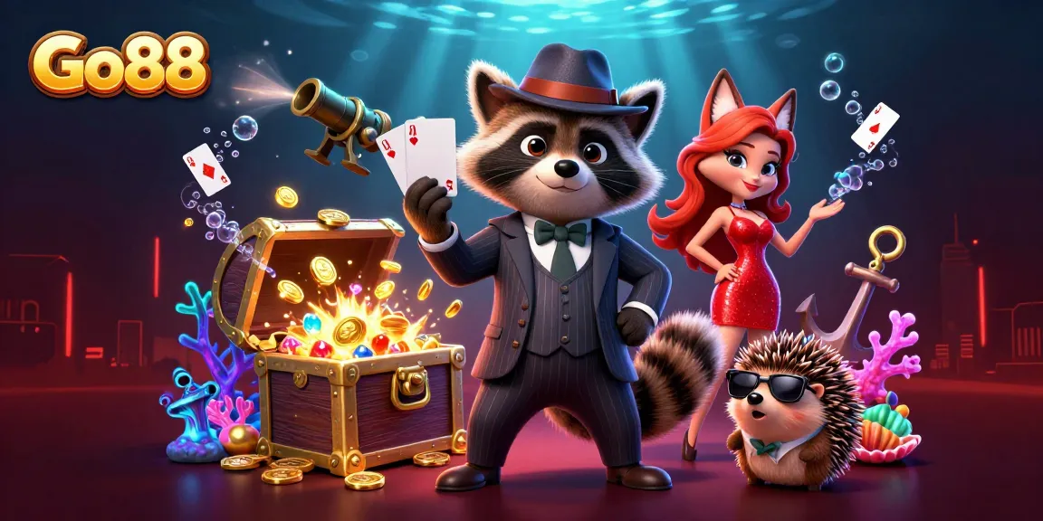 Win big with Go88: A whimsical casino scene featuring characters and vibrant game elements.
