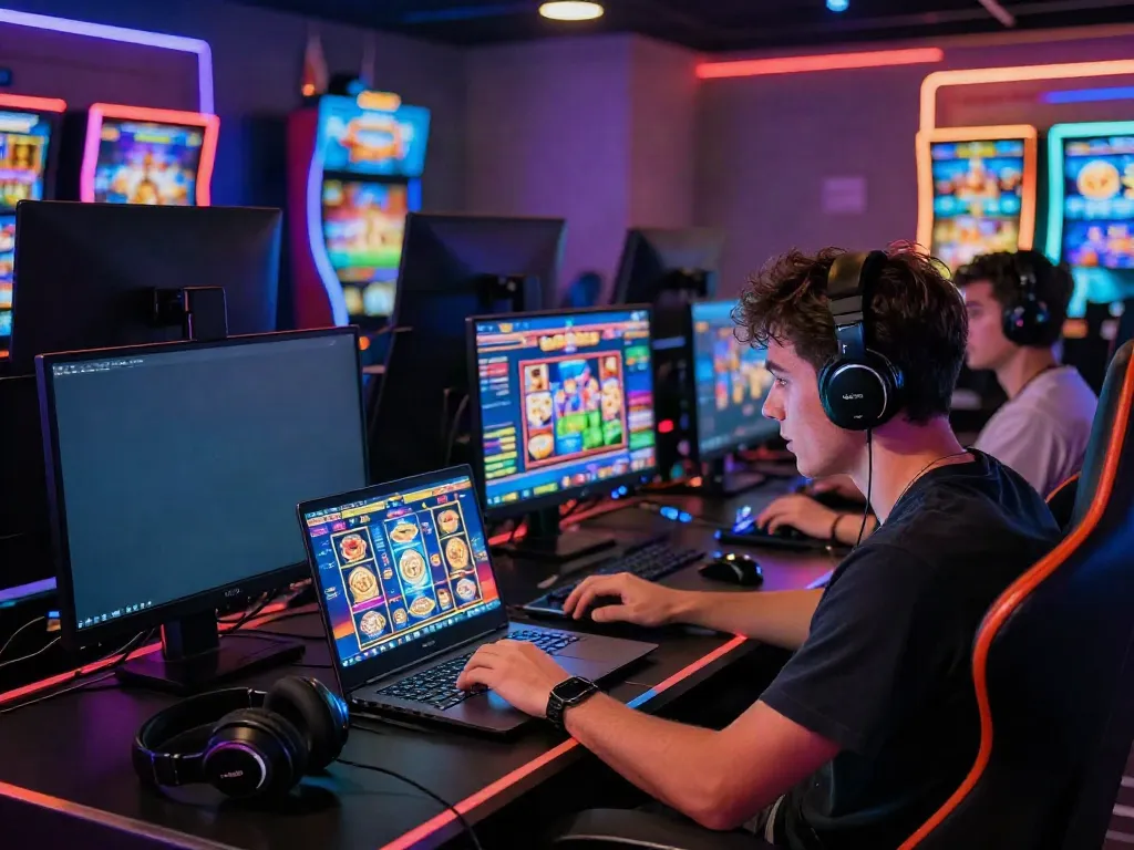 Player engaging with a slot game interface on a laptop in an immersive gaming atmosphere