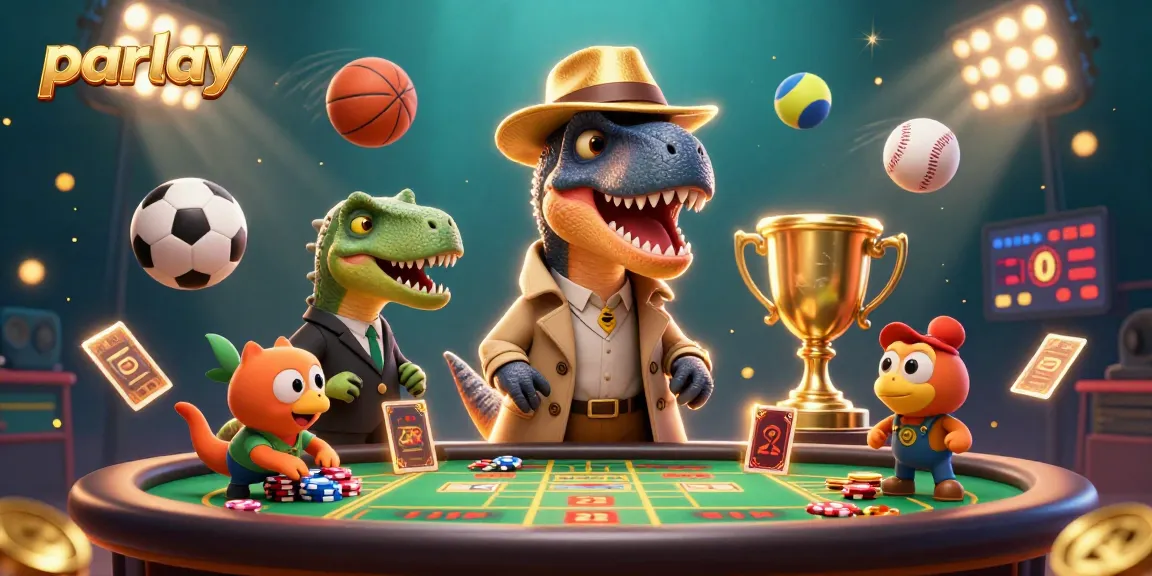 Experience thrilling parlay betting action with animated dino characters and dynamic sports elements