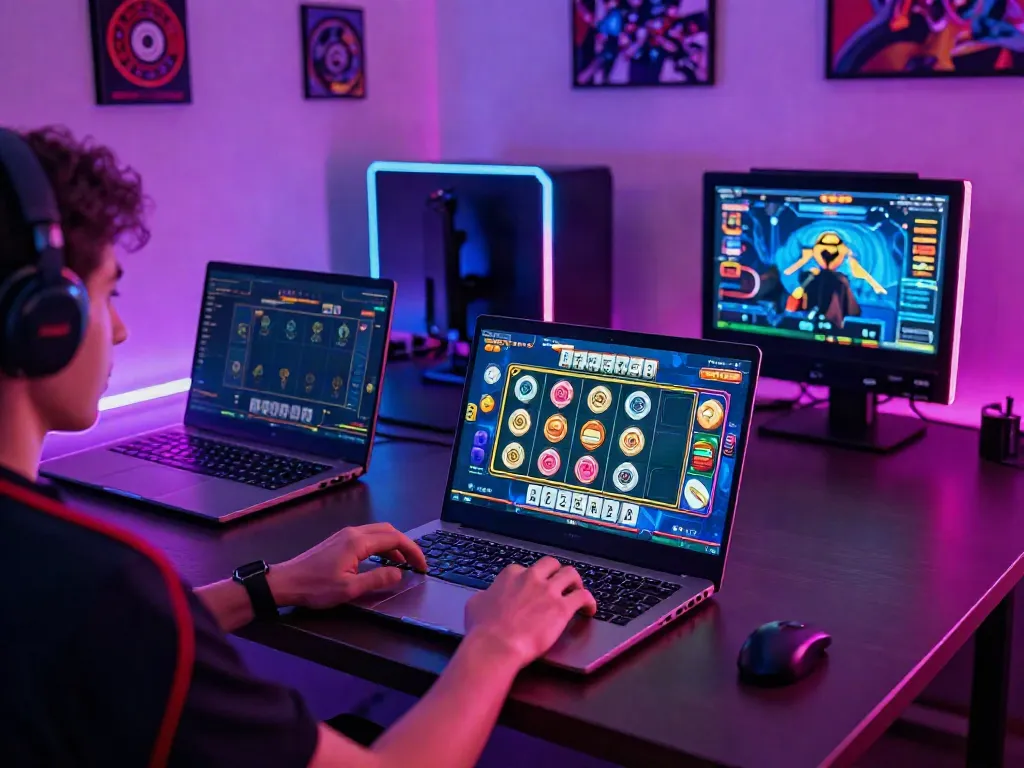 Pengguna bermain mahjong slot dengan laptop modern, suasana gaming yang dinamis.