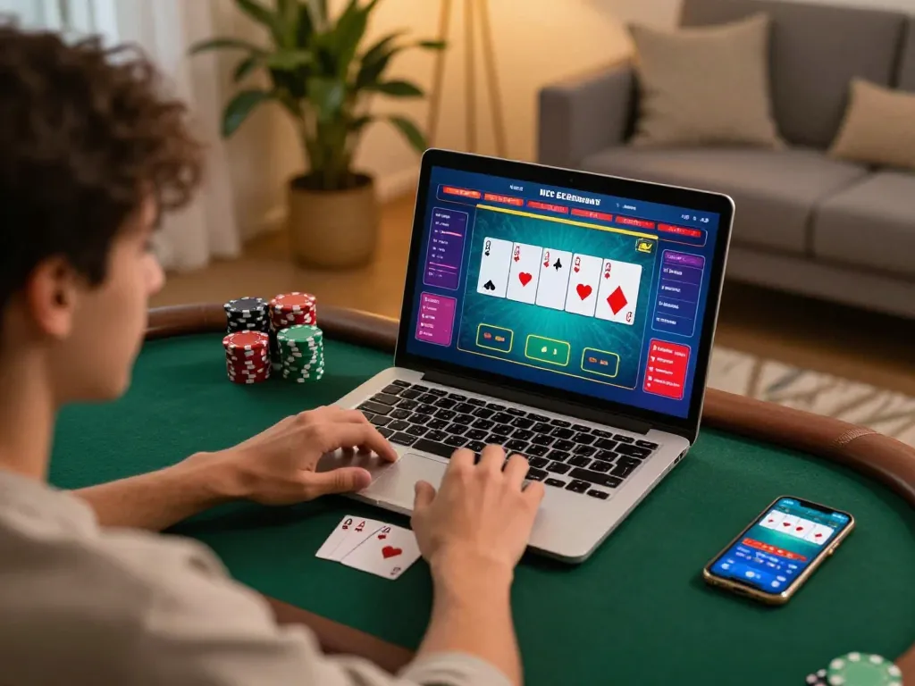 Player enjoying cm88 online poker game on laptop in cozy living room setting