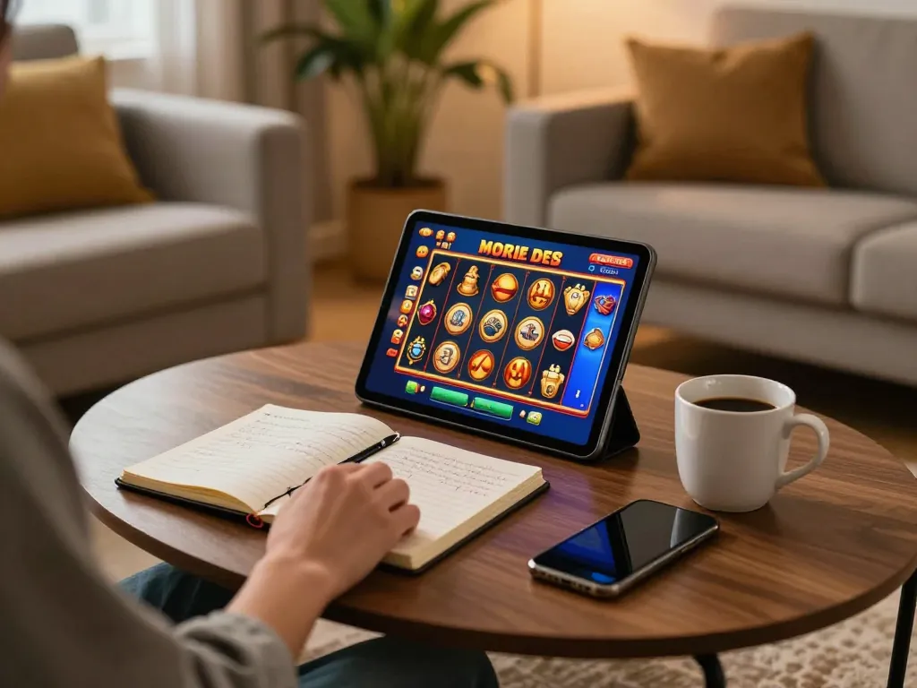 Engaging gameplay on kdslot77 with a colorful slot machine displayed on tablet, cozy home setup.