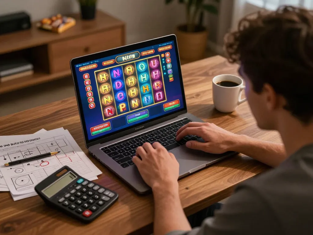 Online player engaging in nổ hũ gameplay with strategy notes and digital slots visible